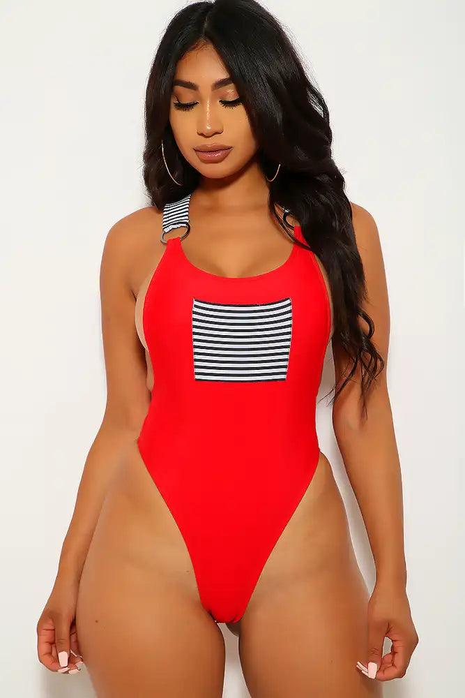 Red Striped One Piece Swimsuit - AMIClubwear