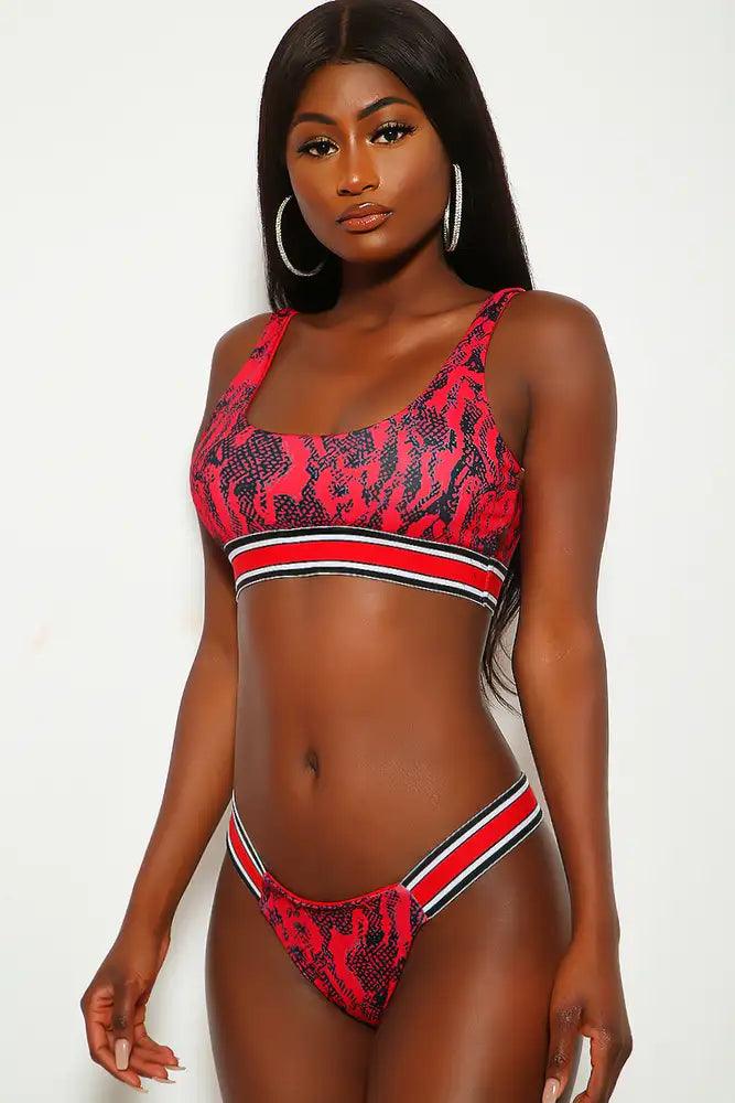 Red Striped Snake Print Two Piece Swimsuit - AMIClubwear