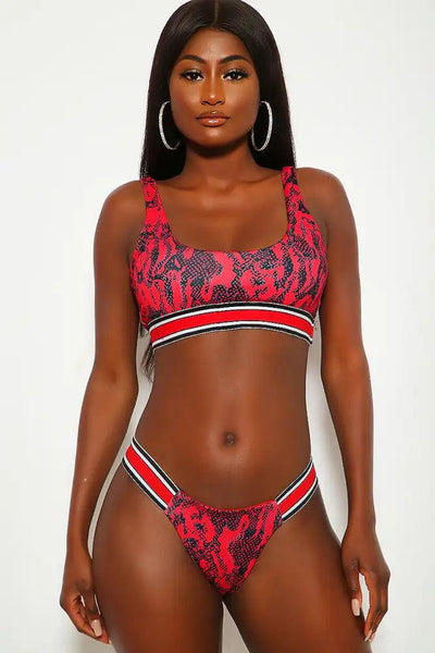 Red Striped Snake Print Two Piece Swimsuit - AMIClubwear