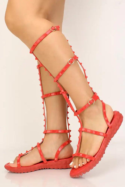 Red Studded Strappy Gladiator Sandals - AMIClubwear