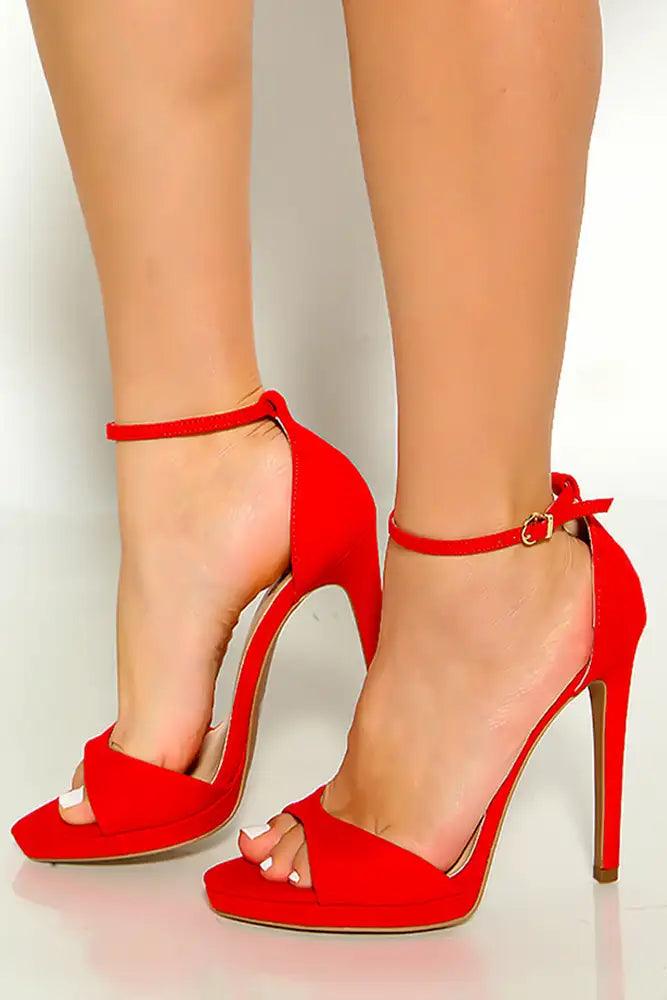 Red Suede Open Toe Ankle Strap High Heels - AMIClubwear