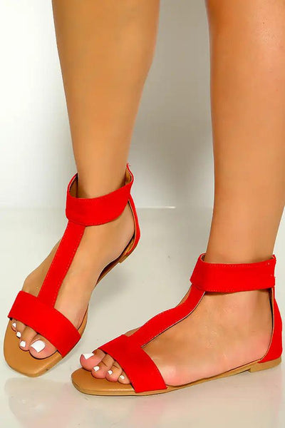 Red Suede Open Toe T-Strap Sandals - AMIClubwear