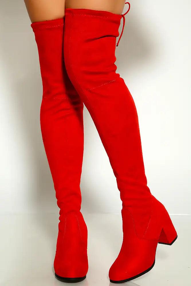 Red Suede Stay Up Chunky Heel Thigh High Over The Knee Boots - AMIClubwear