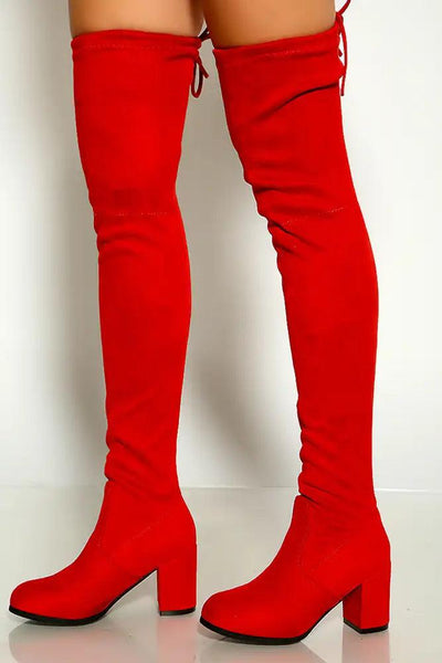 Red Suede Stay Up Chunky Heel Thigh High Over The Knee Boots - AMIClubwear