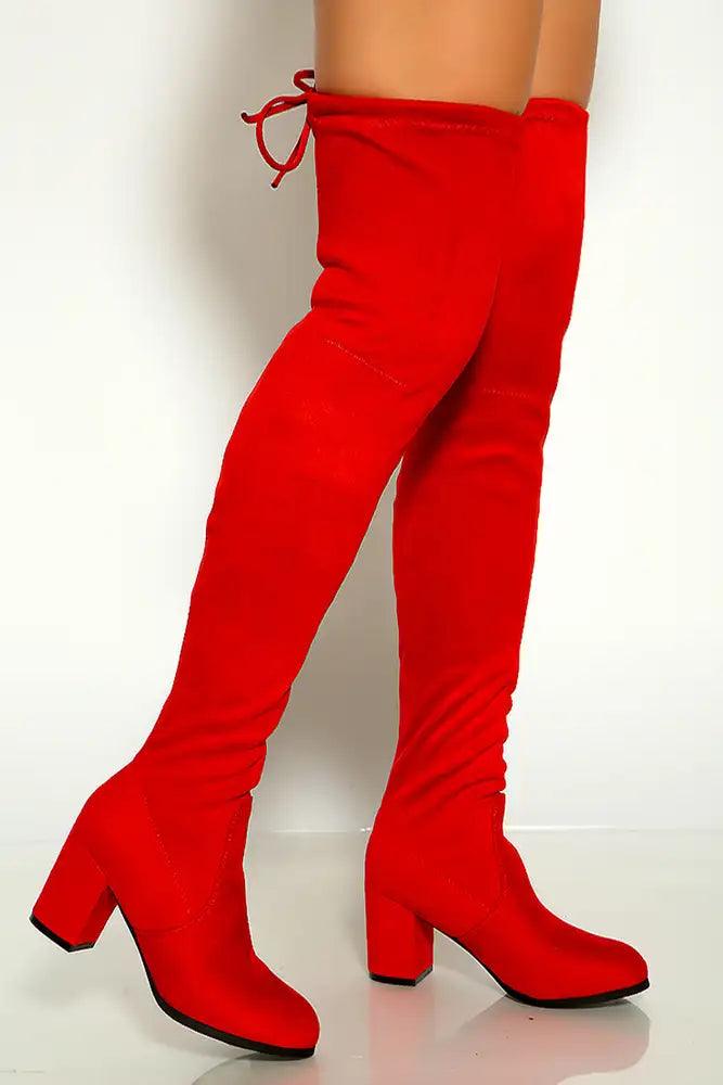 Red Suede Stay Up Chunky Heel Thigh High Over The Knee Boots - AMIClubwear