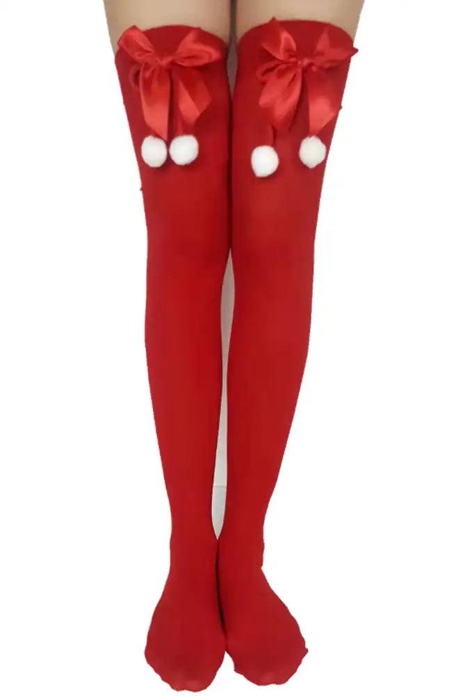 Red Thigh High Bow Pom Pom Holiday Tights - AMIClubwear