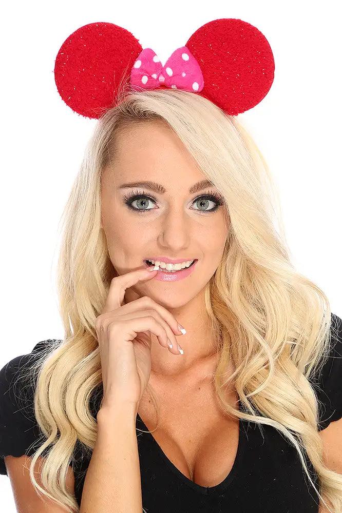 Red Tinsel Terrycloth Bow Tie Mouse Ears - AMIClubwear