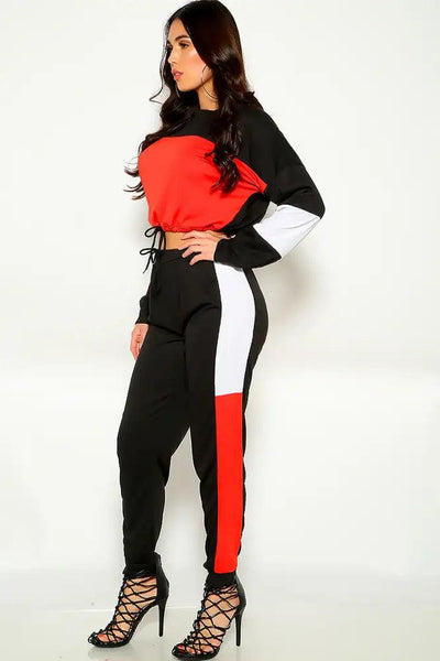 Red Two Tone Long Sleeve Long Sleeve Two Piece Outfit - AMIClubwear