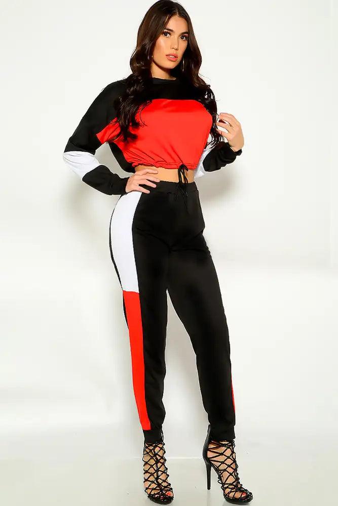 Red Two Tone Long Sleeve Long Sleeve Two Piece Outfit - AMIClubwear