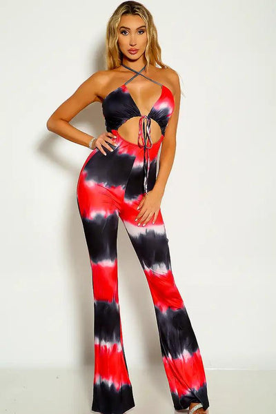 Red Two Tone Sleeveless Cross Strap Flared Jumpsuit - AMIClubwear