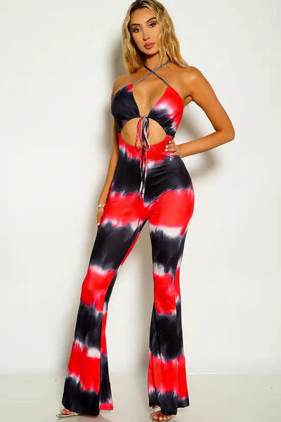 Red Two Tone Sleeveless Cross Strap Flared Jumpsuit - AMIClubwear