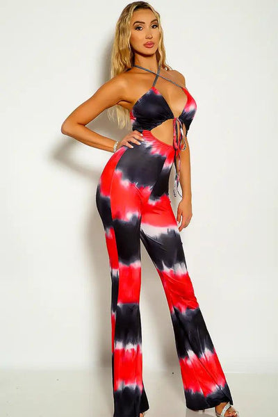 Red Two Tone Sleeveless Cross Strap Flared Jumpsuit - AMIClubwear