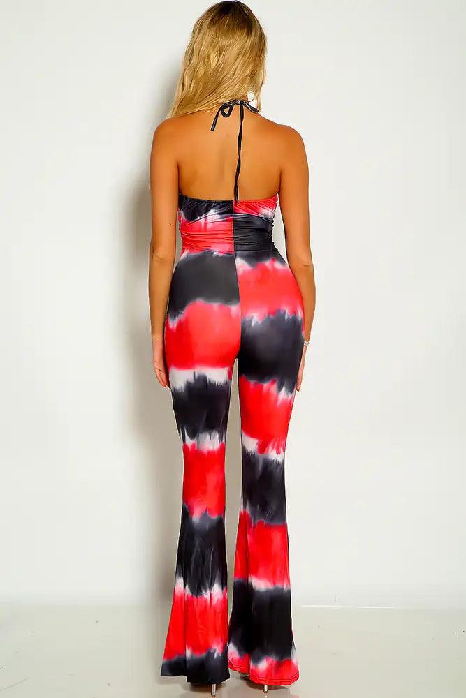 Red Two Tone Sleeveless Cross Strap Flared Jumpsuit - AMIClubwear