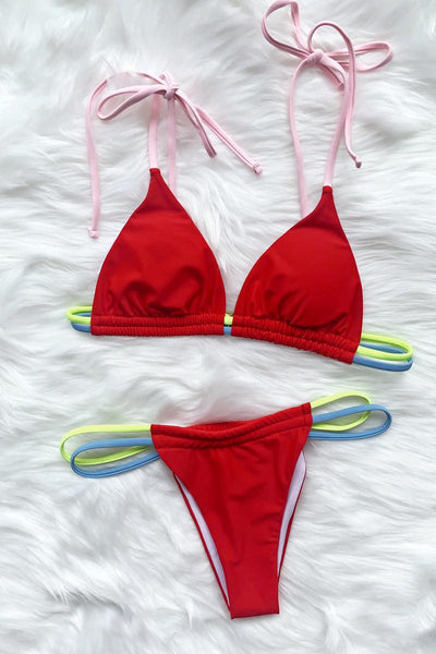 Red Two Tone Strappy Sexy Two Piece Swimsuit - AMIClubwear