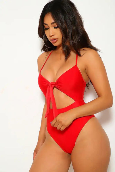 Red V-Cut Cheeky One Piece Swimsuit - AMIClubwear