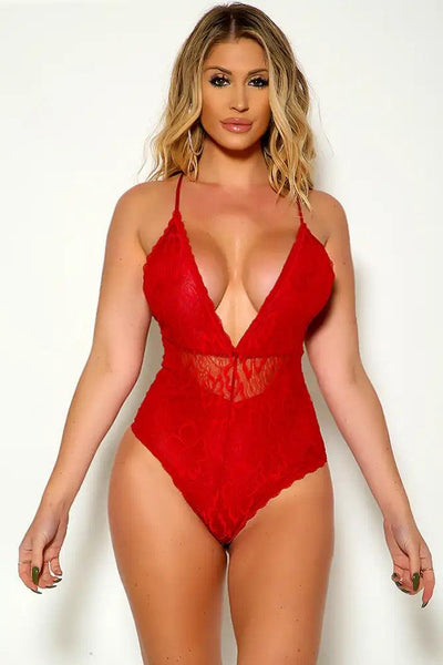 Red V-Cut Lace Embroidered Teddy Lingerie - AMIClubwear