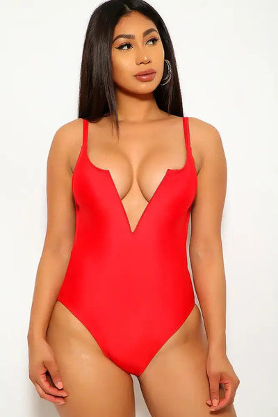 Red V-Cut One Piece Swimsuit - AMIClubwear