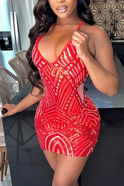Red V-Neck Sequin Sleeveless Sexy Party Dress - AMIClubwear