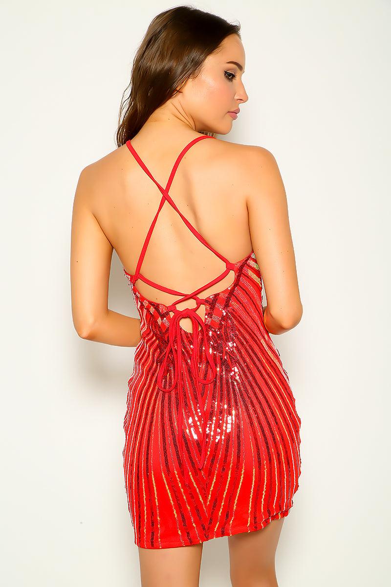 Red V-Neck Sequin Sleeveless Sexy Party Dress - AMIClubwear