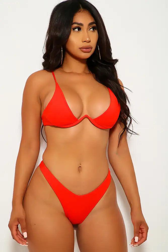 Red V Wire Two Piece Swimsuit - AMIClubwear