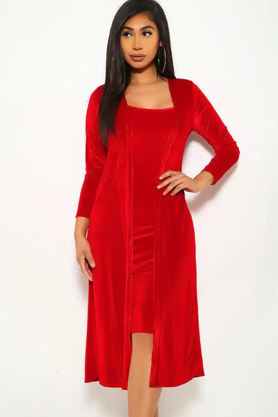 Red Velvet Long Sleeve Two Piece Dress - AMIClubwear