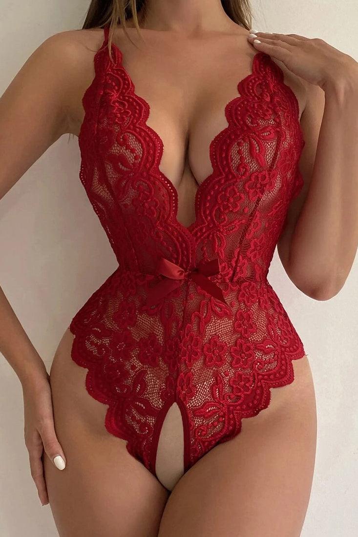 Red Wavy Floral Lace Backless Open Crotch Teddy - AMIClubwear