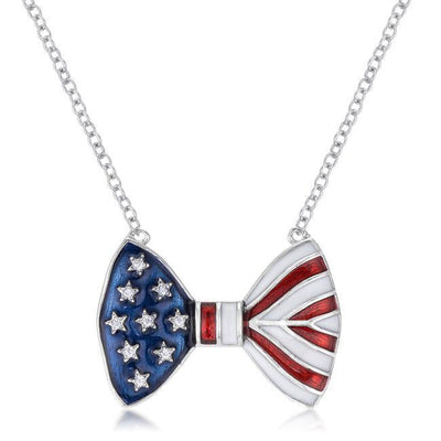 Red white and blue enamel form the bowtie for this cute and playful necklace. Cubic zirconia decorates the stars and the effect is a flag-themed bow - AMIClubwear