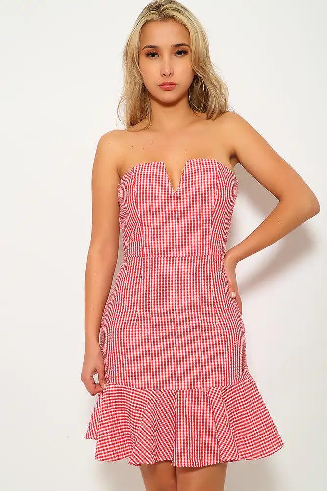 Red White Gingham Print Strapless Party Dress - AMIClubwear