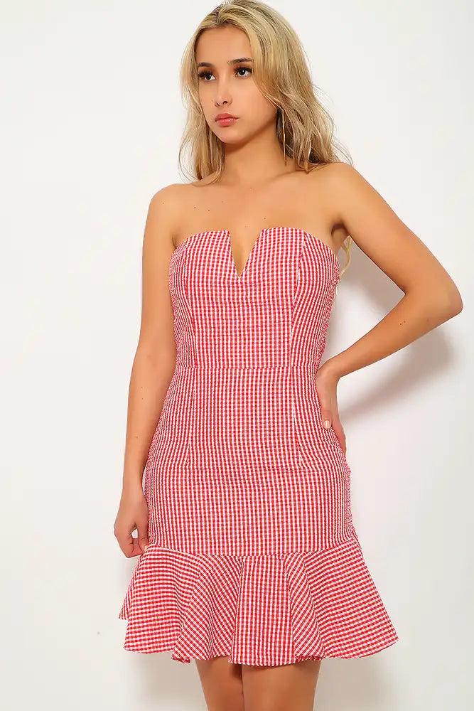 Red White Gingham Print Strapless Party Dress - AMIClubwear