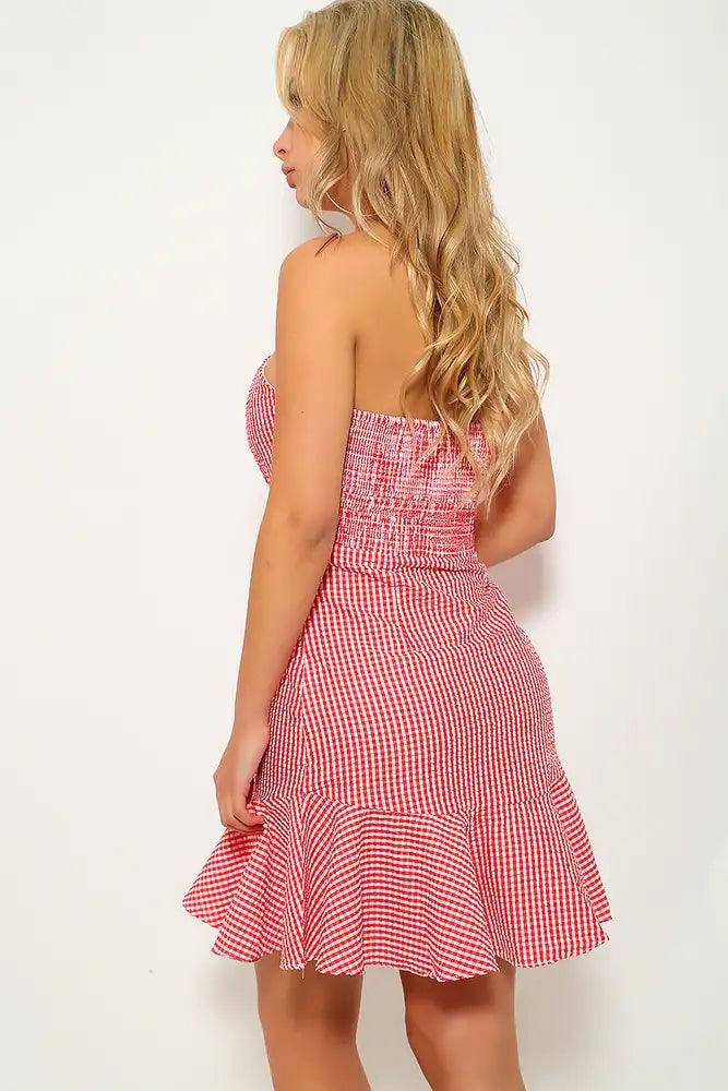 Red White Gingham Print Strapless Party Dress - AMIClubwear