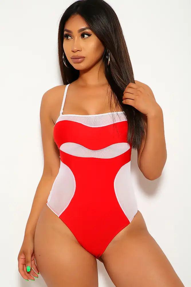 Red White Mesh Cut Out Sexy One Piece Swimsuit - AMIClubwear