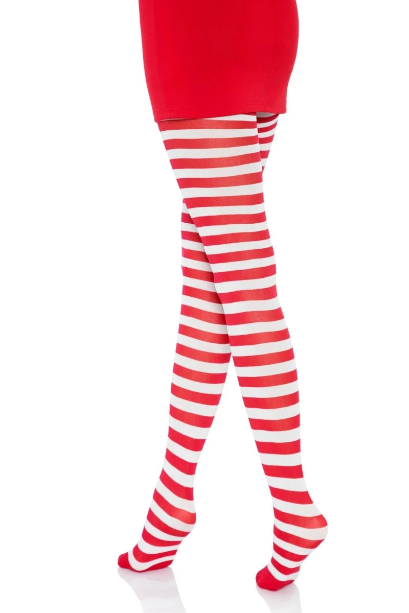 Red White Nylon Striped Tights - AMIClubwear
