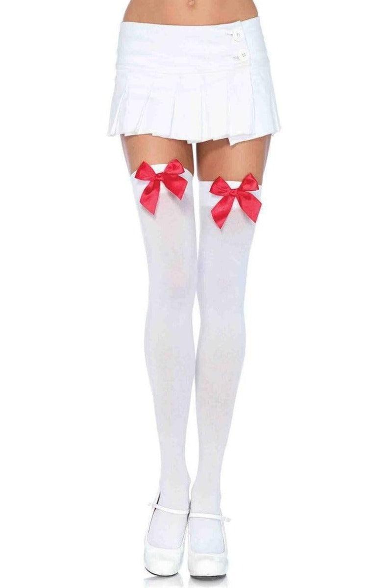 Red White Opaque Satin Bow Thigh Highs - AMIClubwear