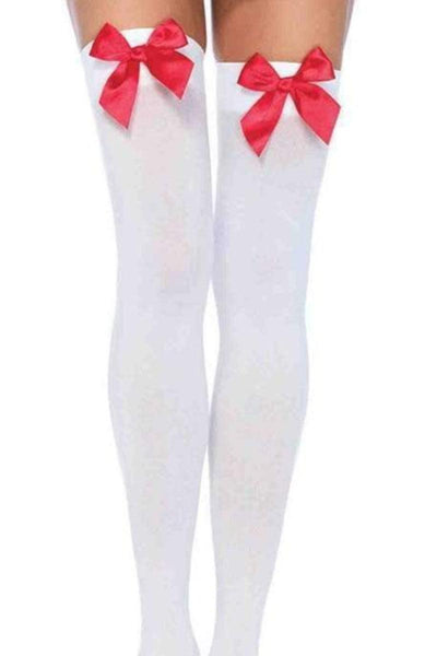 Red White Opaque Satin Bow Thigh Highs - AMIClubwear