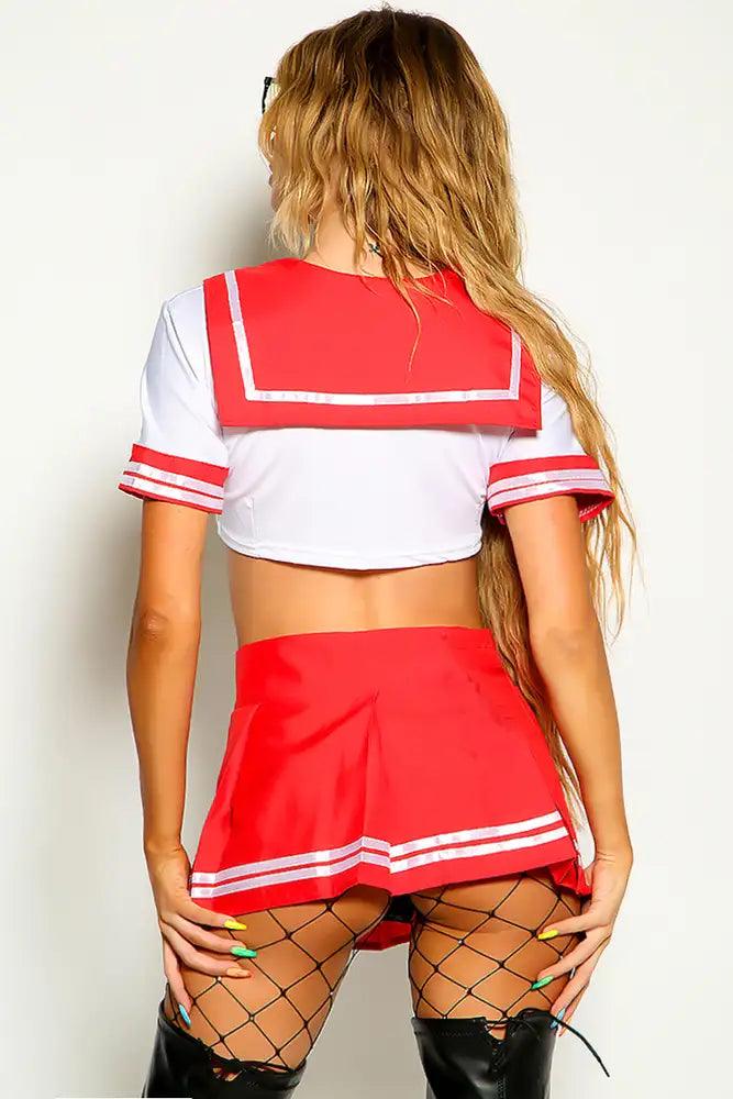 Red White Short Sleeve Pleated Cropped Two Piece School Girl Costume - AMIClubwear