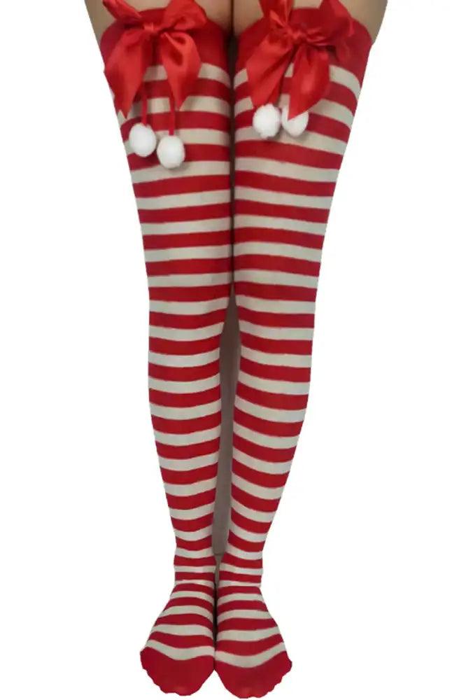 Red White Stripe Thigh High Bow Pom Pom Holiday Tights - AMIClubwear