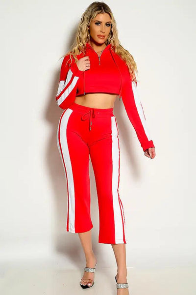 Red White Striped Cropped Two Piece Lounge Wear Outfit - AMIClubwear