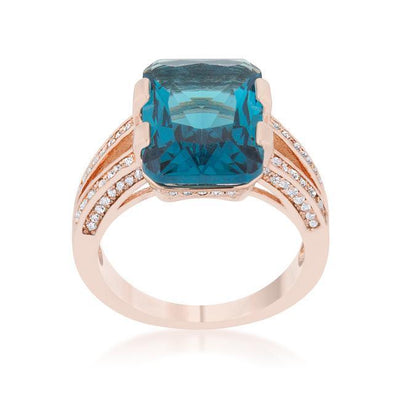 Rema 8.6ct Aqua CZ Rose Gold Emerald Classic Cocktail Ring, <b>Size 5</b> - AMIClubwear