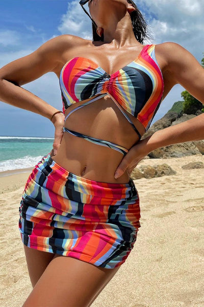 Retro Printed One Shoulder Strappy 3 Pc Bikini With Skirt Cover Up - AMIClubwear