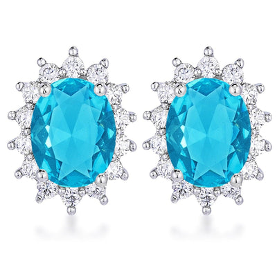 Rhodium Plated Aqua Blue Petite Royal Oval Earrings - AMIClubwear