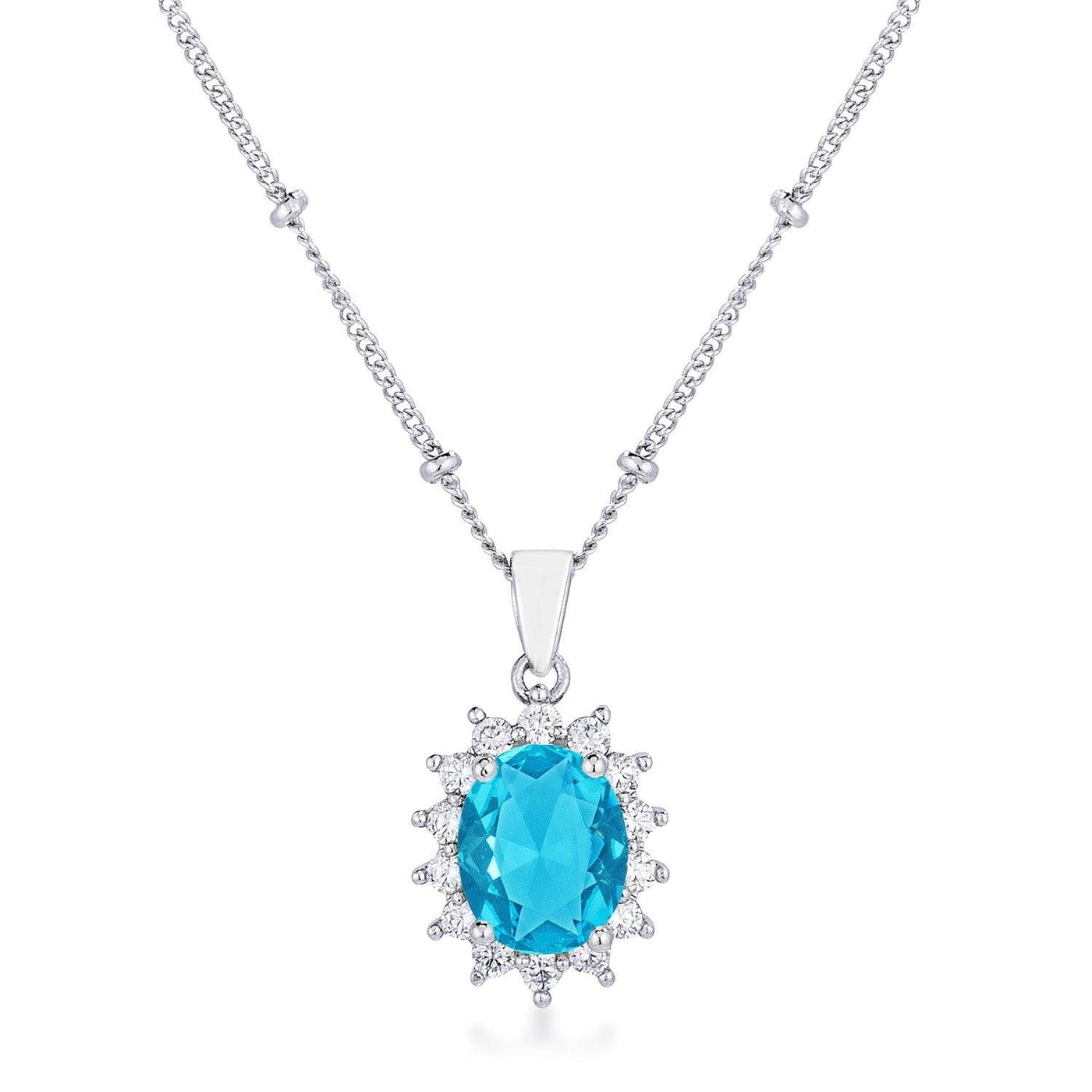 Rhodium Plated Aqua Blue Petite Royal Oval Pendant - AMIClubwear