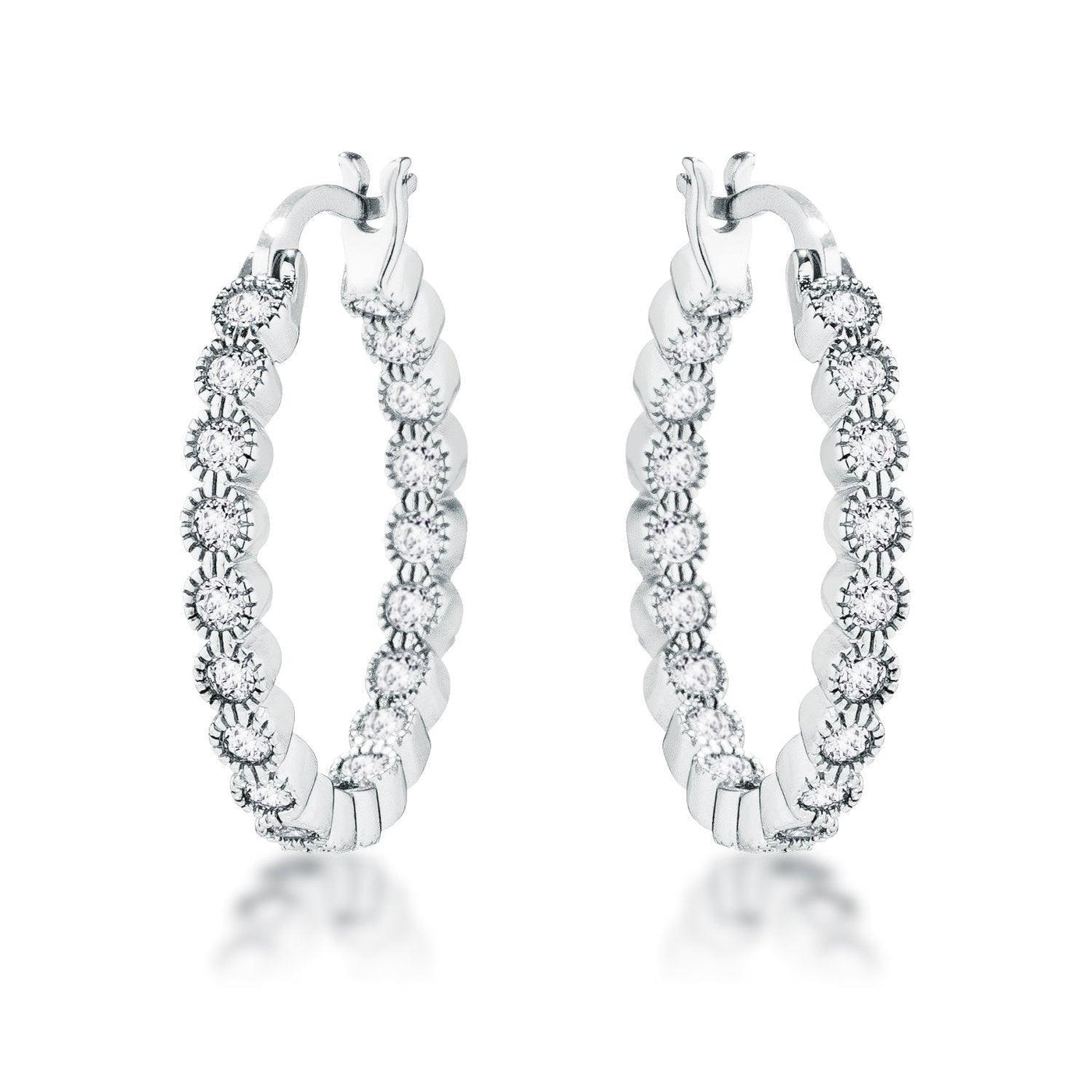 Rhodium Plated Dotted Clear CZ Round Bezel Hoop Earrings - AMIClubwear