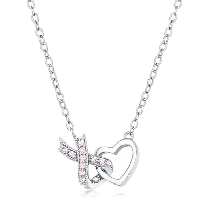 Rhodium Plated Pink CZ Interlocking Heart Ribbon Pendant - AMIClubwear