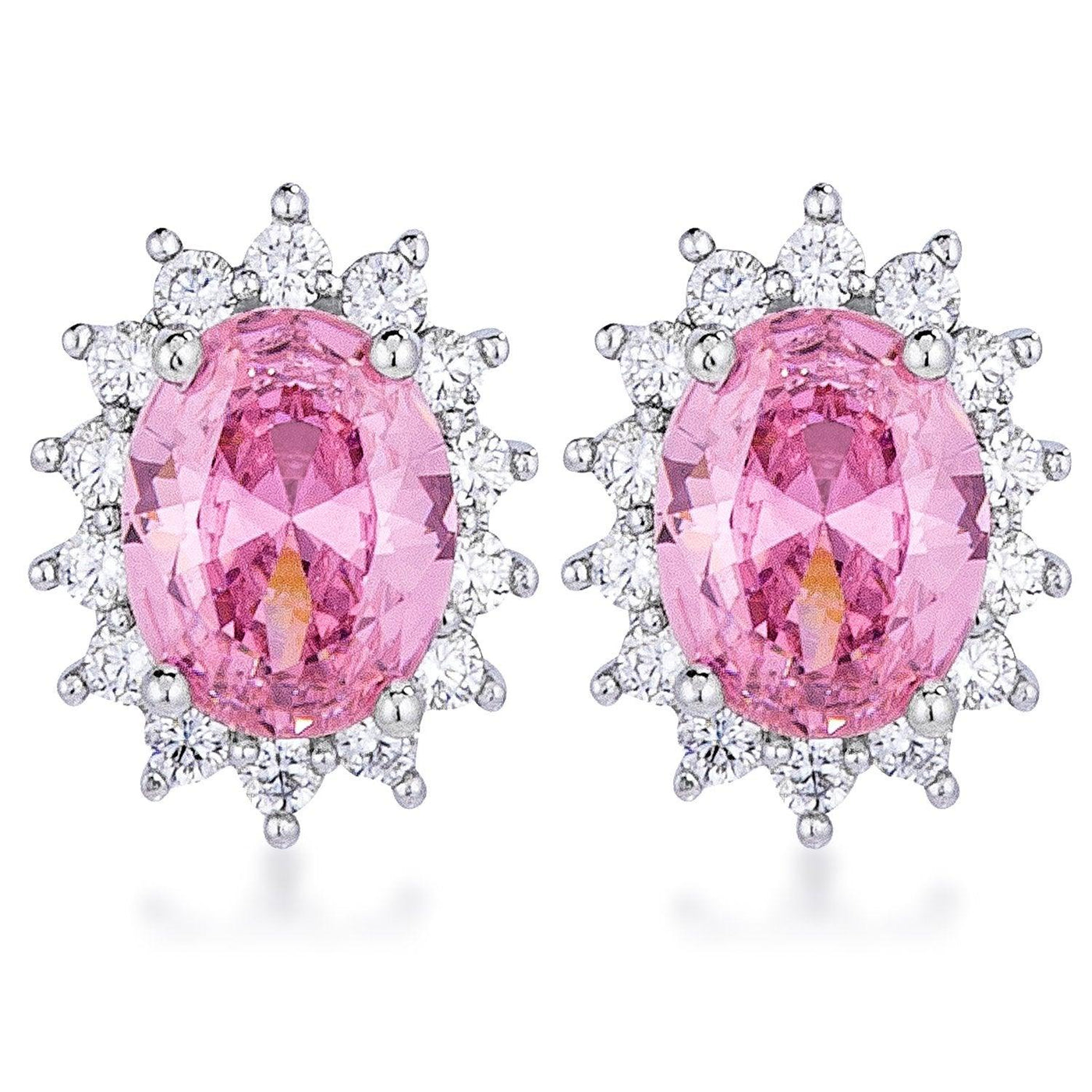 Rhodium Plated Pink Petite Royal Oval Earrings - AMIClubwear
