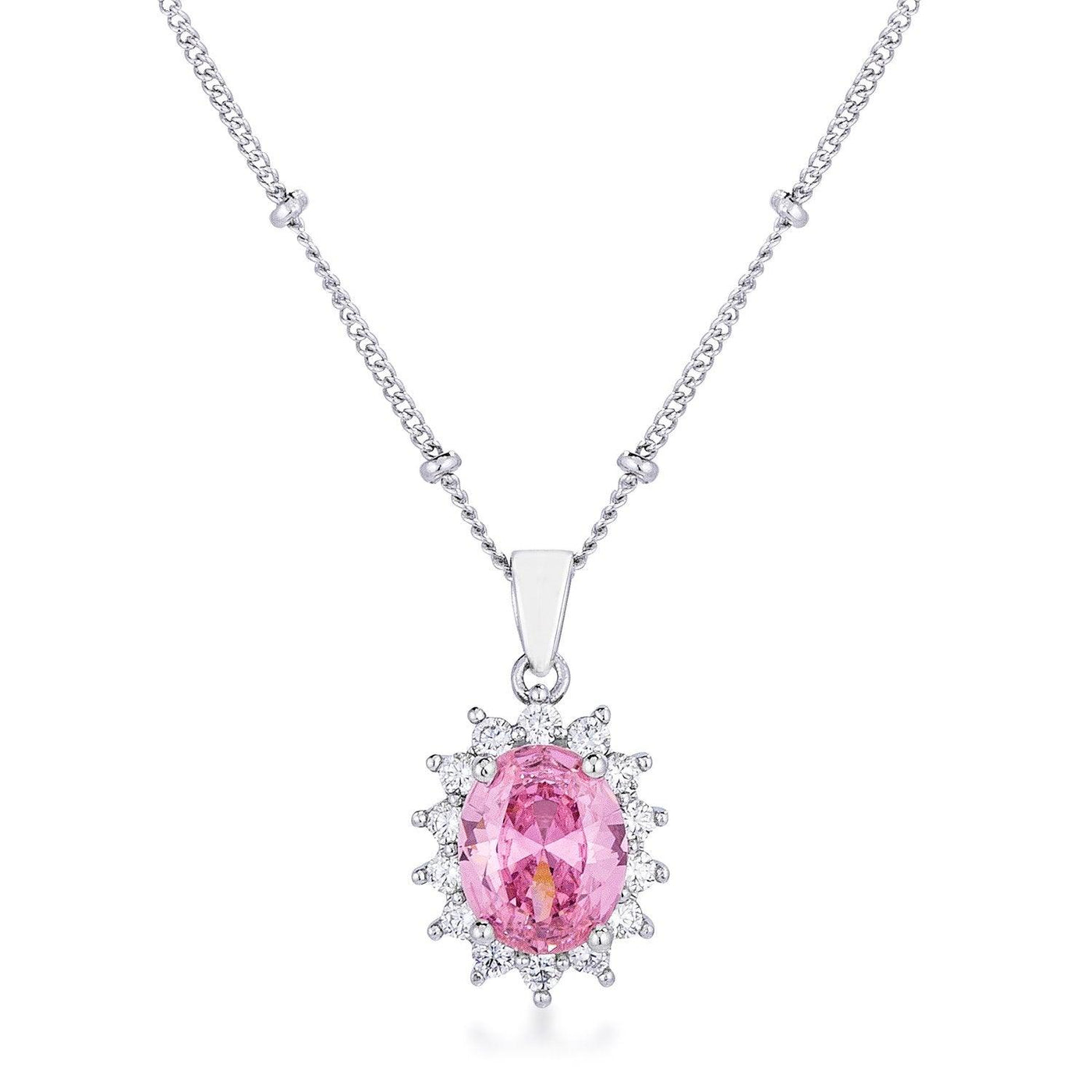 Rhodium Plated Pink Petite Royal Oval Pendant - AMIClubwear