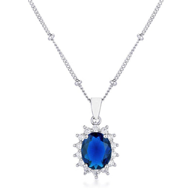 Rhodium Plated Sapphire Blue Petite Royal Oval Pendant - AMIClubwear