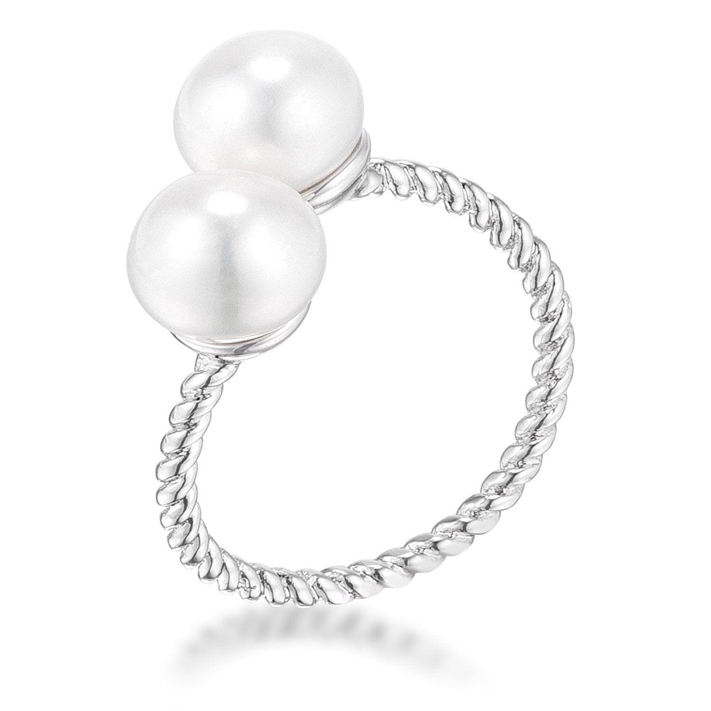 Rhodium Plated Twisted Rope Freshwater Pearl Wrap ring, <b>Size 5</b> - AMIClubwear