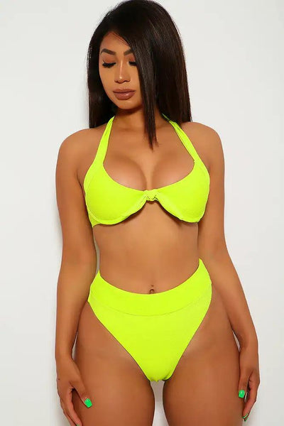 Ribbed Neon Lime High Waist Two Piece Swimsuit - AMIClubwear
