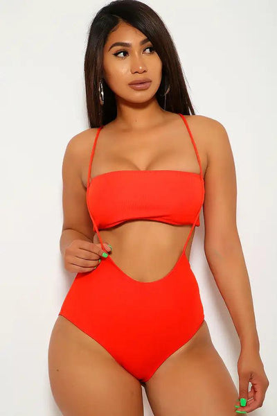 Ribbed Red Bandeau Suspender Two Piece Swimsuit - AMIClubwear