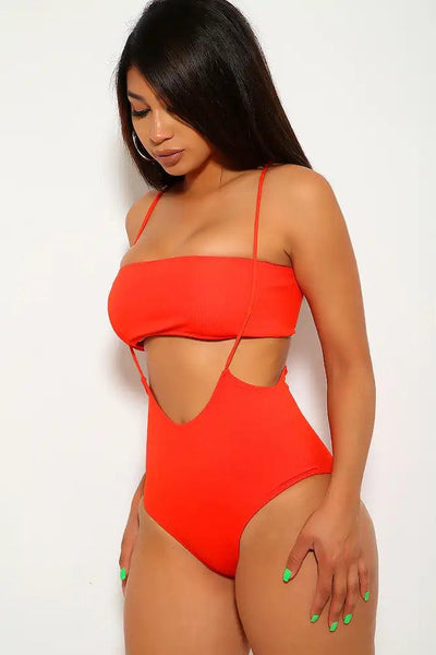 Ribbed Red Bandeau Suspender Two Piece Swimsuit - AMIClubwear